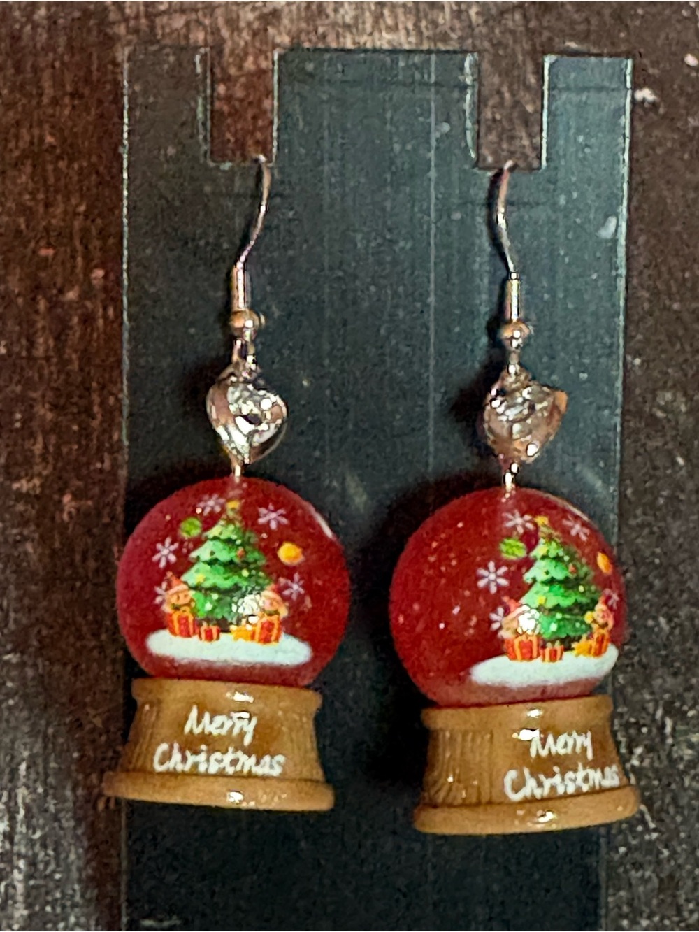 Holiday Snow Globe Drop Earrings - Red Christmas Tree Design